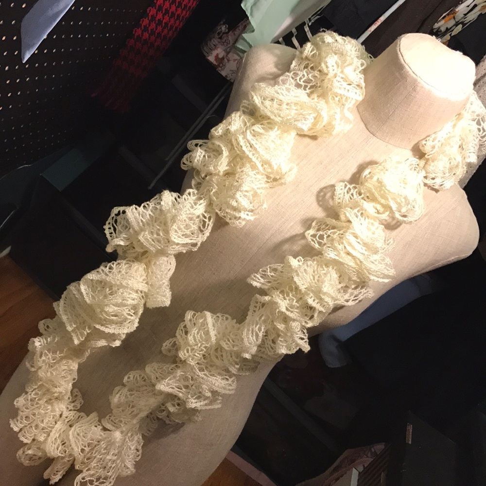 Cream White Sparkle Fluff Ruffle Infinity Scarf